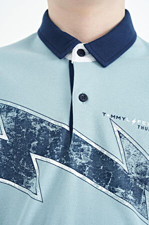 Açık Mavi Baskı Detaylı Standart Kalıp Polo Yaka Erkek Çocuk T-Shirt - 11154 | 8-9 Yaş