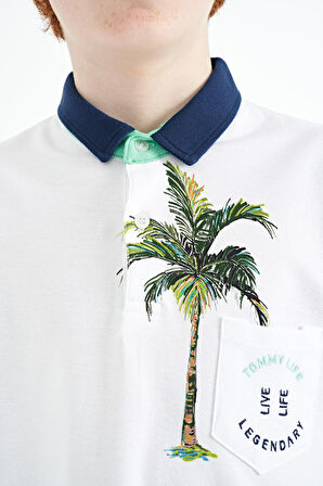 Beyaz Baskılı Cep Detaylı Standart Kalıp Polo Yaka Erkek Çocuk T-Shirt - 11144 | 6-7 Yaş