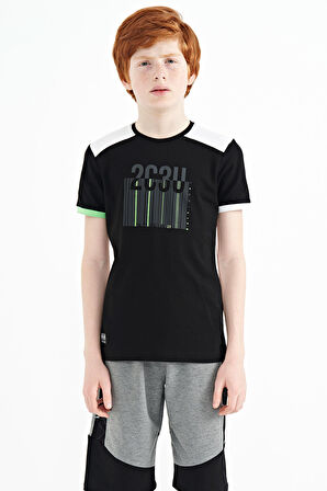Siyah Baskı Detaylı O Yaka Standart Kalıp Erkek Çocuk T-Shirt - 11157 | 5-6 Yaş