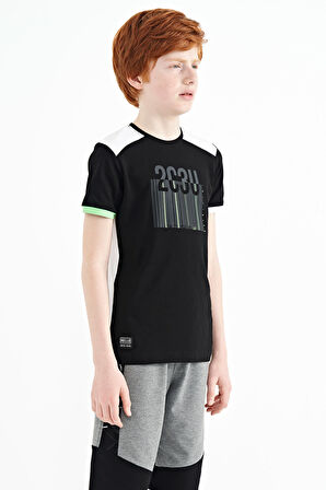 Siyah Baskı Detaylı O Yaka Standart Kalıp Erkek Çocuk T-Shirt - 11157 | 5-6 Yaş