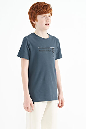 Orman Yeşili Baskı Detaylı O Yaka Standart Kalıp Erkek Çocuk T-Shirt - 11145 | 8-9 Yaş