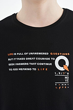 Siyah Baskı Detaylı O Yaka Standart Kalıp Erkek Çocuk T-Shirt - 11145 | 12-13 Yaş