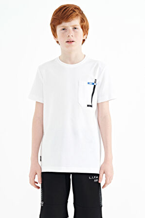Beyaz Cep Detaylı O Yaka Standart Kalıp Erkek Çocuk T-Shirt - 11120 | 11-12 Yaş