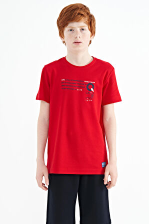 Kırmızı Baskı Detaylı O Yaka Standart Kalıp Erkek Çocuk T-Shirt - 11145 | 12-13 Yaş