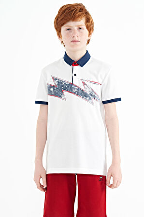 Beyaz Baskı Detaylı Standart Kalıp Polo Yaka Erkek Çocuk T-Shirt - 11154 | 14-15 Yaş