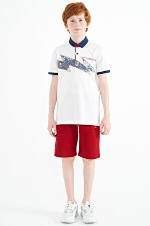 Beyaz Baskı Detaylı Standart Kalıp Polo Yaka Erkek Çocuk T-Shirt - 11154 | 14-15 Yaş