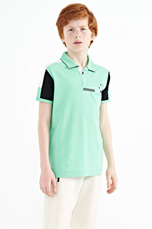 Su Yeşili Renk Bloklu Omuz Garni Detaylı Standart Kalıp Erkek Çocuk T-Shirt - 11155 | 9-10 Yaş