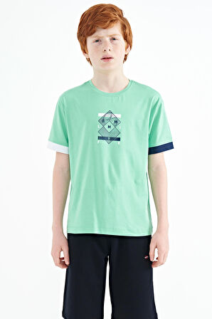 Su Yeşili Kol Ucu Renkli Detaylı Baskılı Oversize  Erkek Çocuk T-Shirt - 11137 | 13-14 Yaş