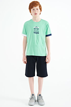 Su Yeşili Kol Ucu Renkli Detaylı Baskılı Oversize  Erkek Çocuk T-Shirt - 11137 | 13-14 Yaş