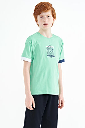 Su Yeşili Kol Ucu Renkli Detaylı Baskılı Oversize  Erkek Çocuk T-Shirt - 11137 | 13-14 Yaş