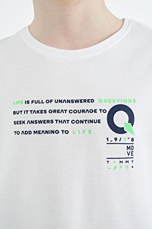 Beyaz Baskı Detaylı O Yaka Standart Kalıp Erkek Çocuk T-Shirt - 11145 | 10-11 Yaş