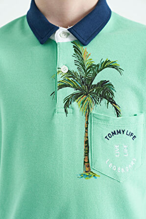 Su Yeşili Baskılı Cep Detaylı Standart Kalıp Polo Yaka Erkek Çocuk T-Shirt - 11144 | 13-14 Yaş