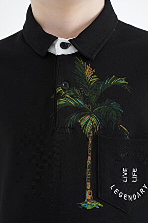Siyah Baskılı Cep Detaylı Standart Kalıp Polo Yaka Erkek Çocuk T-Shirt - 11144 | 10-11 Yaş