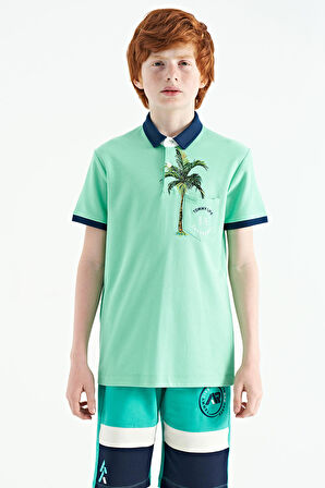 Su Yeşili Baskılı Cep Detaylı Standart Kalıp Polo Yaka Erkek Çocuk T-Shirt - 11144 | 4-5 Yaş