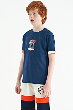 İndigo Kol Ucu Renkli Detaylı Baskılı Oversize  Erkek Çocuk T-Shirt - 11137