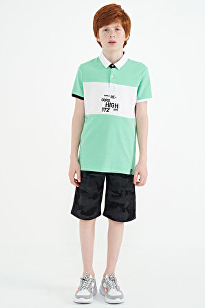 Su Yeşili Renk Geçişli Nakış Detaylı Standart Kalıp Polo Yaka Erkek Çocuk T-Shirt - 11110 | 12-13 Yaş
