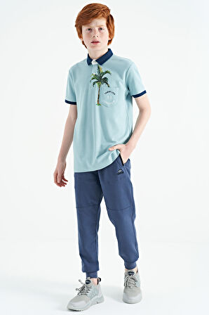 Açık Mavi Baskılı Cep Detaylı Standart Kalıp Polo Yaka Erkek Çocuk T-Shirt - 11144 | 8-9 Yaş