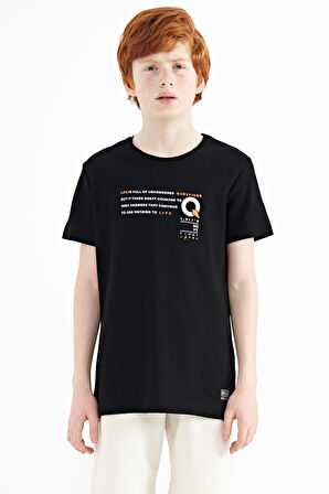 Siyah Baskı Detaylı O Yaka Standart Kalıp Erkek Çocuk T-Shirt - 11145 | 9-10 Yaş