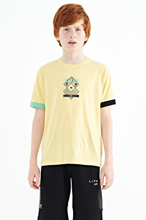 Sarı Kol Ucu Renkli Detaylı Baskılı Oversize  Erkek Çocuk T-Shirt - 11137 | 14-15 Yaş