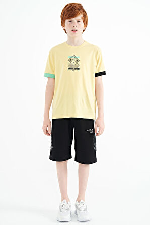 Sarı Kol Ucu Renkli Detaylı Baskılı Oversize  Erkek Çocuk T-Shirt - 11137 | 14-15 Yaş
