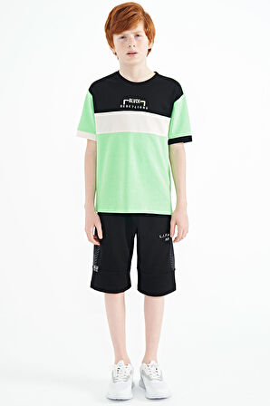Neon Yeşil Renk Geçişli Nakışlı Oversize Erkek Çocuk T-Shirt - 11159 | 12-13 Yaş