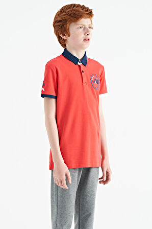 Coral Kol Ucu Renkli Logo Nakışlı Standart Kalıp Polo Yaka Erkek Çocuk T-Shirt - 11138 | 8-9 Yaş