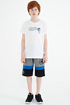 Beyaz Baskı Detaylı O Yaka Standart Kalıp Erkek Çocuk T-Shirt - 11145 | 6-7 Yaş