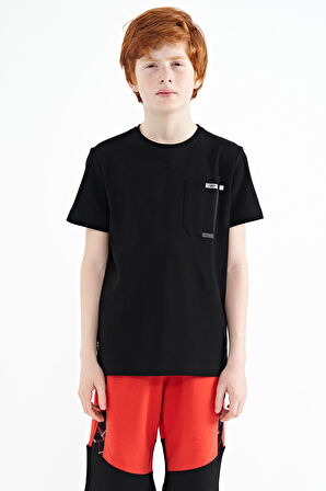 Siyah Cep Detaylı O Yaka Standart Kalıp Erkek Çocuk T-Shirt - 11120 | 9-10 Yaş