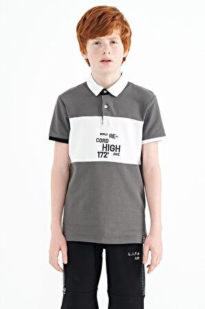 Koyu Gri Renk Geçişli Nakış Detaylı Standart Kalıp Polo Yaka Erkek Çocuk T-Shirt - 11110 | 10-11 Yaş