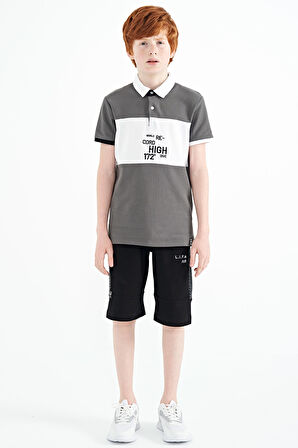 Koyu Gri Renk Geçişli Nakış Detaylı Standart Kalıp Polo Yaka Erkek Çocuk T-Shirt - 11110 | 10-11 Yaş