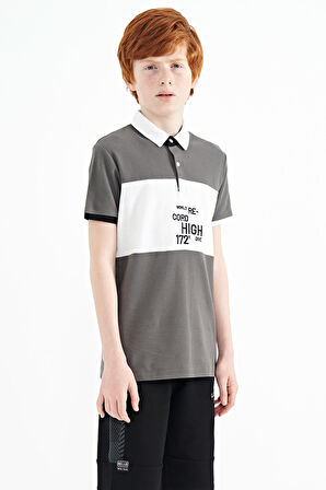 Koyu Gri Renk Geçişli Nakış Detaylı Standart Kalıp Polo Yaka Erkek Çocuk T-Shirt - 11110 | 10-11 Yaş