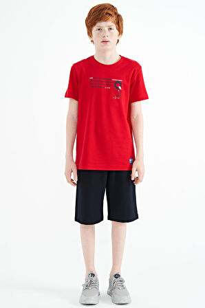 Kırmızı Baskı Detaylı O Yaka Standart Kalıp Erkek Çocuk T-Shirt - 11145 | 7-8 Yaş