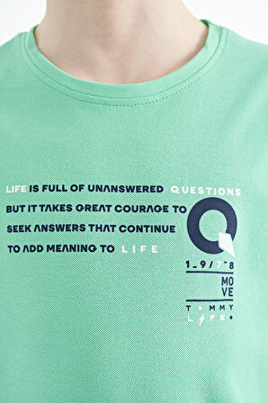 Su Yeşili Baskı Detaylı O Yaka Standart Kalıp Erkek Çocuk T-Shirt - 11145 | 12-13 Yaş