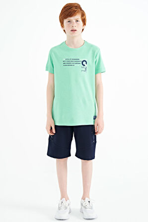 Su Yeşili Baskı Detaylı O Yaka Standart Kalıp Erkek Çocuk T-Shirt - 11145 | 12-13 Yaş