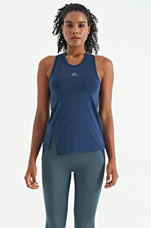 İndigo Yırtmaç Detaylı O Yaka Sıfır Kollu Standart Kalıp Kadın Spor Atlet - 97256