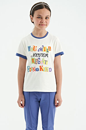 Ekru Renkli Yazı Detaylı O Yaka Rahat Form Kız Çocuk T-Shirt - 75109 | 11-12 Yaş