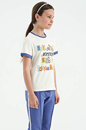 Ekru Renkli Yazı Detaylı O Yaka Rahat Form Kız Çocuk T-Shirt - 75109 | 11-12 Yaş