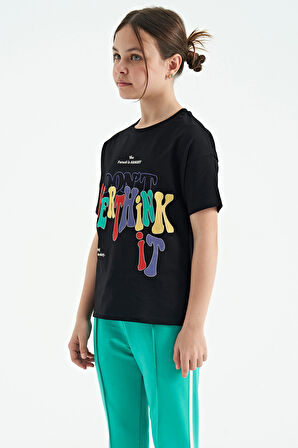 Siyah Renki Yazı Baskılı O Yaka Oversize Kısa Kollu Kız Çocuk T-Shirt - 75112 | 9-10 Yaş