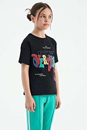 Siyah Renki Yazı Baskılı O Yaka Oversize Kısa Kollu Kız Çocuk T-Shirt - 75112 | 9-10 Yaş