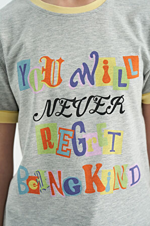 Gri Melanj Renkli Yazı Detaylı O Yaka Rahat Form Kız Çocuk T-Shirt - 75109