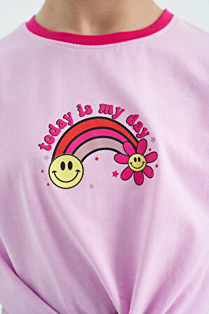 Pembe Baskı Detaylı O Yaka Çok Renkli Bağlama Detaylı Kız Çocuk T-Shirt - 75113 | 8-9 Yaş