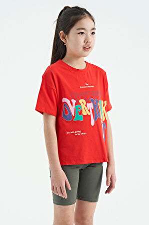 Fiesta Renki Yazı Baskılı O Yaka Oversize Kısa Kollu Kız Çocuk T-Shirt - 75112 | 7-8 Yaş