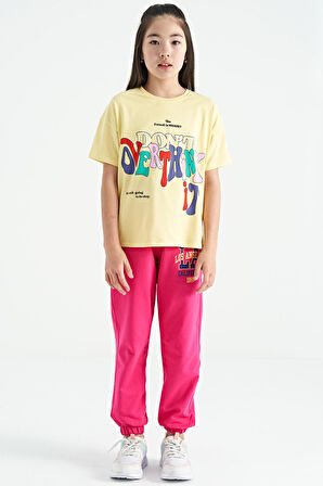 Sarı Renki Yazı Baskılı O Yaka Oversize Kısa Kollu Kız Çocuk T-Shirt - 75112 | 11-12 Yaş