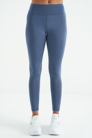 Petrol Logo Baskı Detaylı Yüksek Bel Dalgıç Kumaş Slim Fit Kadın Tayt - 94627 | XL