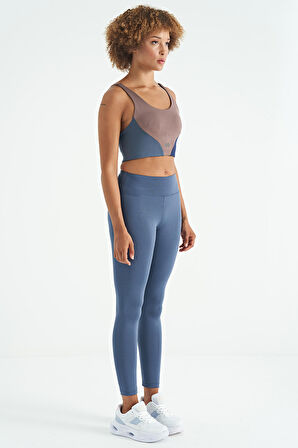 Petrol Logo Baskı Detaylı Yüksek Bel Dalgıç Kumaş Slim Fit Kadın Tayt - 94627 | XL