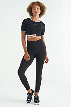 Siyah Logo Baskı Detaylı Yüksek Bel Dalgıç Kumaş Slim Fit Kadın Tayt - 94627 | L