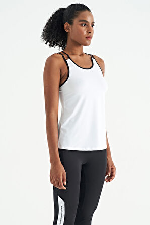 Beyaz Çift Askılı Sırt Detaylı Standart Kalıp Kadın Spor Atlet - 97258 | S