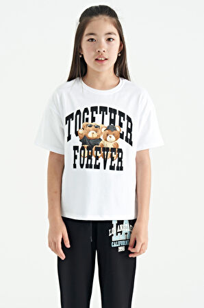 Beyaz Ayıcık Baskılı O Yaka Oversize Kısa Kol Kız Çocuk T-Shirt - 75116 | 8-9 Yaş