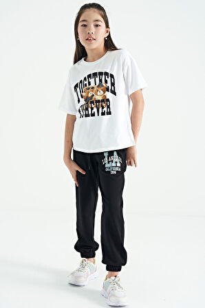 Beyaz Ayıcık Baskılı O Yaka Oversize Kısa Kol Kız Çocuk T-Shirt - 75116 | 8-9 Yaş