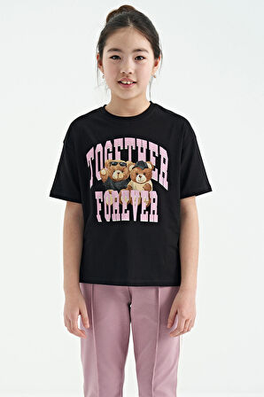 Siyah Ayıcık Baskılı O Yaka Oversize Kısa Kol Kız Çocuk T-Shirt - 75116 | 9-10 Yaş